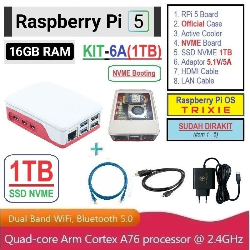 KIT-6A(1TB)  Raspberry Pi 5 (16GB RAM) KIT NVME SSD 1TB - Complete SET SIAP PAKAI